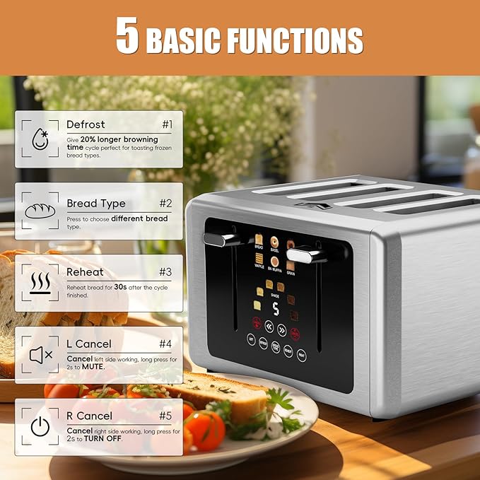 4 Slice Toaster, Touchscreen & Dual Independent Control Panel,5 Basic Functions