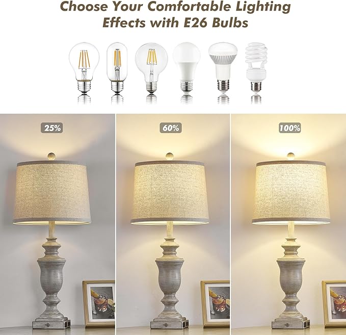 27.5" Set of 2 Farmhouse Table Lamps for Bedroom, 3 Way Dimmable Bedside Lamp with 2 USB +AC Outlet Nightstand Lamps for Living Room Resin Rustic Touch Lamps (Antique Gray)