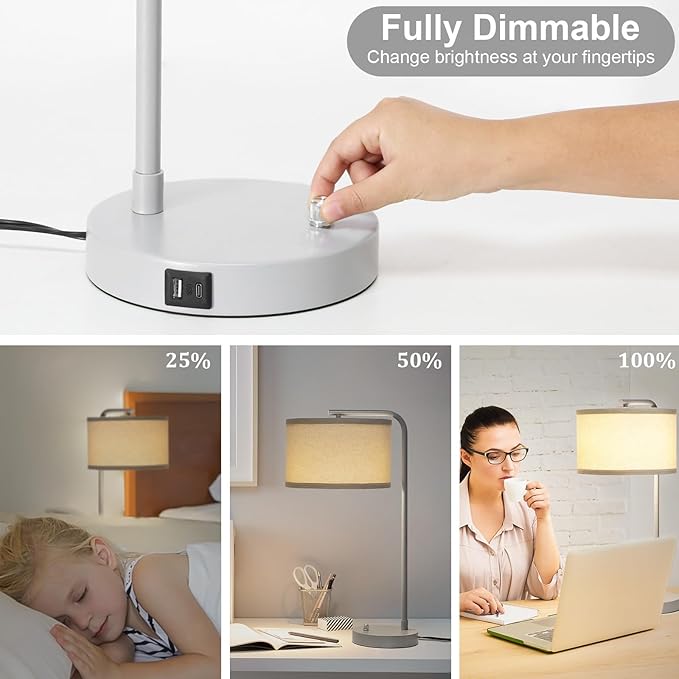Table Lamp with USB C+A Ports, Fully Dimmable Nightstand Lamp for Living Room, Modern Grey Bedside Lamp, Tall Table Lamp with Beige Shade Minimalist Desk Lamp for Bedroom Office, LED Bulb Included