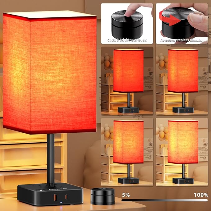 Bedroom Table Lamp with Remote Operation Control,Dimmable Bedside Table Desk Light with USB C+A Charging Ports 2 AC Outlets,Nightstand Lamp White Shade Lamp for Living Room,Dorm,Home Office,Decor