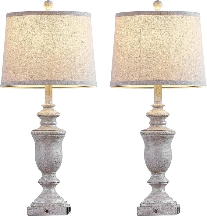 27.5" Set of 2 Farmhouse Table Lamps for Bedroom, 3 Way Dimmable Bedside Lamp with 2 USB +AC Outlet Nightstand Lamps for Living Room Resin Rustic Touch Lamps (Antique Gray)