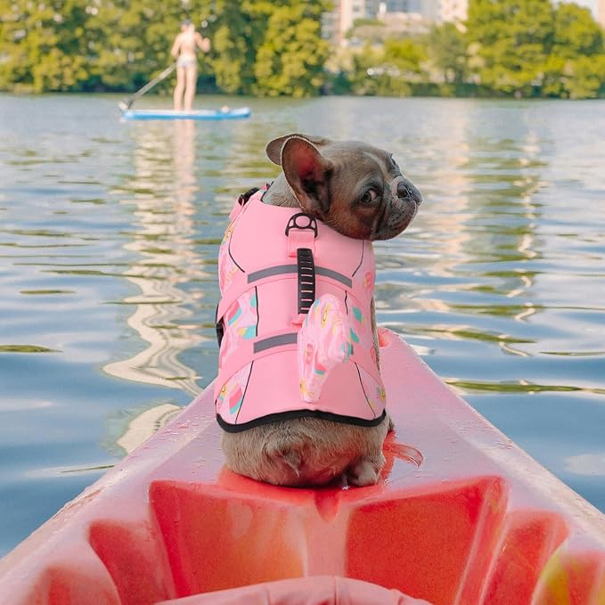 Dog Life Jacket High Flotation, Reflective Dog Life Vests for Swimming, Adjustable Dog Life Preserver Rescue Handle Spring Summer Pool for Small, Medium, Large Dogs (Pink Ice Cream,XL)
