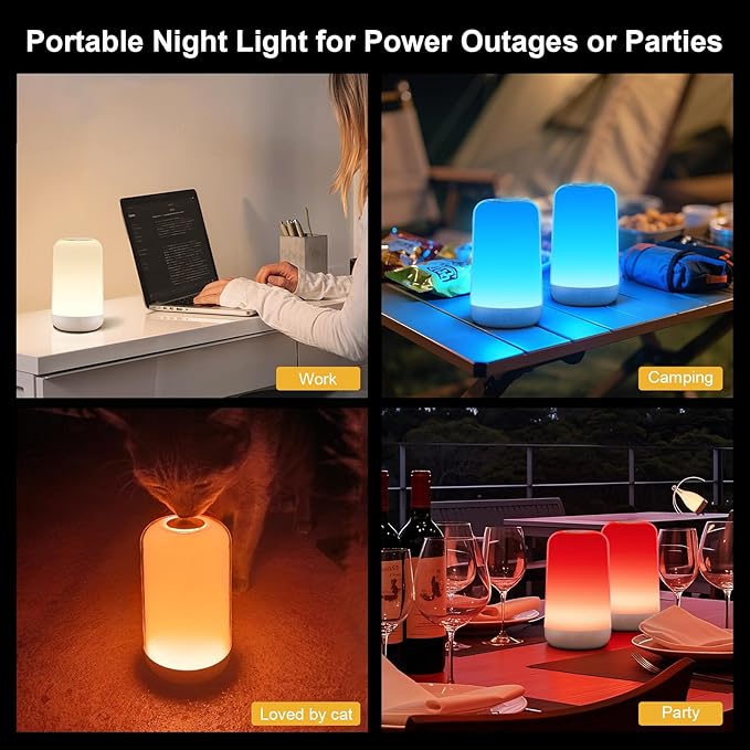 FRIDEKO HOME 2 Pack RGB Touch Bedside Lamp for Nightstand, 3 Color Temperatures Rechargeable Battery Night Light, Dimmable Mood Lighting for Bedroom Living Room Nursery, Breastfeeding, Kids, Adult