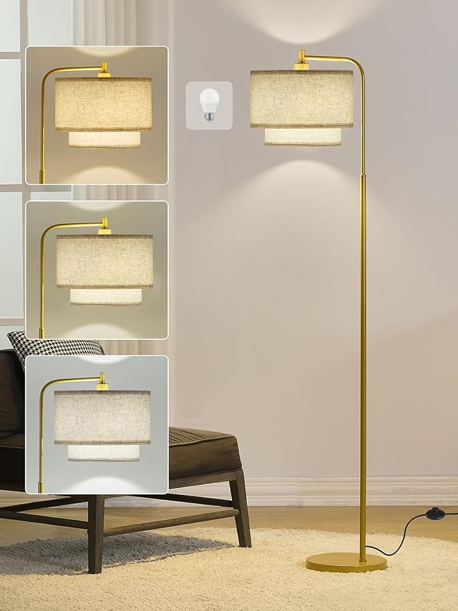 64" Modern Floor Lamp for Living Room Bedroom, Arc Floor Lamp with 3 Color Temperatures, Standing Lamp with Double Oatmeal Linen Lampshade, Tall Lamp with A19 12W LED Bulb, Foot Switch Control, Gold
