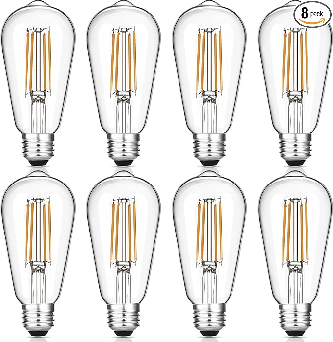 Vintage LED Edison Bulbs, 6W, Equivalent 60W, Dimmable, Warm White 2700K, ST58 Antique LED Filament Bulbs with 90+ CRI, E26 Medium Base, Clear Glass, 8 Count (Pack of 1)