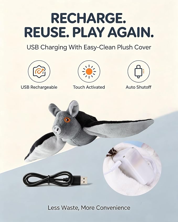 Flying Bat Dog Toy, Interactive Flying Bat Toy for Dogs with Flapping Wings, Chirping Sounds, USB Rechargeable, Touch Activated, Hanging or Floor Toy for Dogs, Puppies and Cats to Reduce Boredom,3 PCS