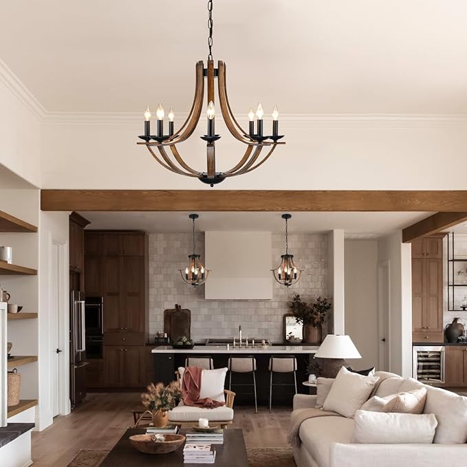 Rustic Farmhouse Dining Room Chandelier Light Fixture, 8-Light 28" Adjustable Chandelier for Kitchen Island, Living Room, Foyer, Staircase, Restaurant, Showroom, Villa, Faux Walnut