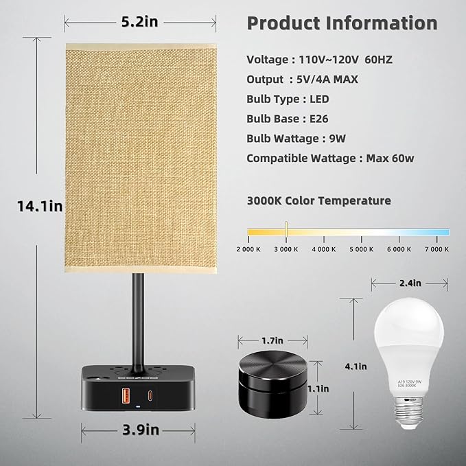 Bedside Lamp with Remote Control & Dimmable Light, 2 AC Outlets + USB-C/USB-A Charging Ports, Beige Shade Nightstand Table Desk Lamp for Bedroom, Living Room, Home Office Decor | College Essentials