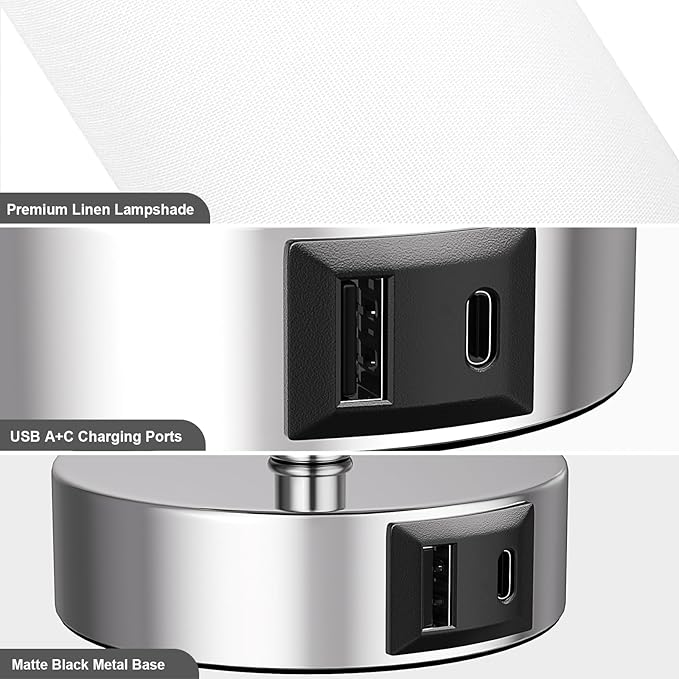 White Table Lamp for Bedroom Nightstand - Small Lamp with USB A + C Charging Port, 3 Color Temperatures Pull Chain Night Stand Light, Silver Base Desk Reading Lamp for Living Room
