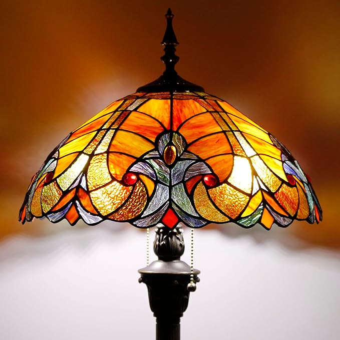 WERFACTORY Tiffany Floor Lamp Red Brown Liaison Stained Glass Standing Reading Light 16X16X64 Inches Antique Pole Corner Lamp Decor Bedroom Living Room Home Office S160R Series