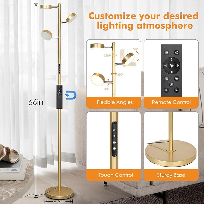 Gold Floor Lamp for Living Room with Remote Modern Tall Standing Lamp Dimmable LED Brass Tree Floor Lamps with 3 Adjustable Heads Touch Control 4 Color Temperatures for Bedroom Office Reading