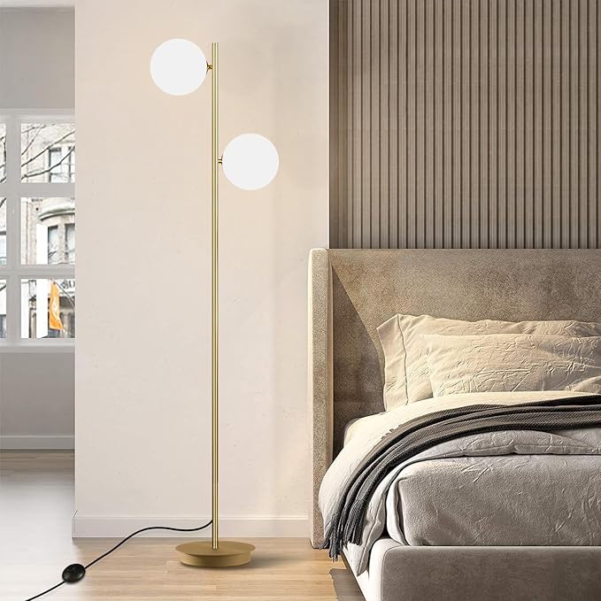 2 Light Mid Century Modern Floor Lamp for Living Room Retro Vintage Tall Standing Lamp with Frosted Glass Globe Shade Brass Floor Lamps for Office Hotel Bedroom