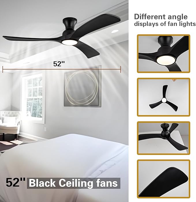 Gaizw Black Ceiing Fans with lights and Remote Control, 52 Inch Modern Wooden