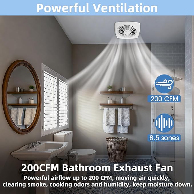 8 Inch Bathroom Exhaust Fan Ceiling Mount 200 CFM 8.5 Sones Kitchen Exhausts