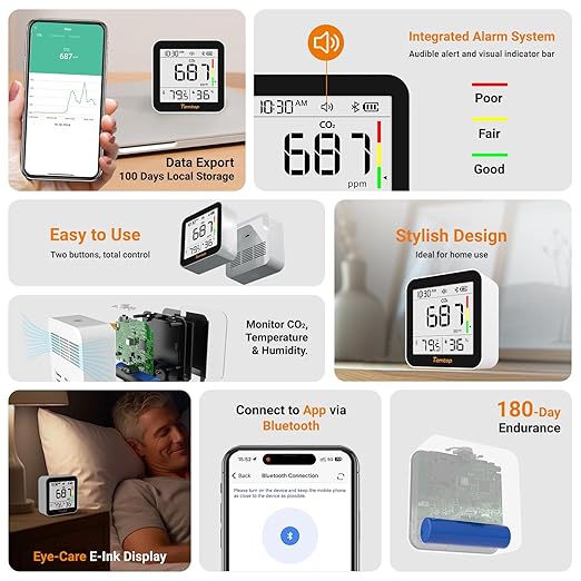 Temtop CO2 Monitor Indoor Air Quality Monitor 3 in 1 CO2 Meter, 180 Days