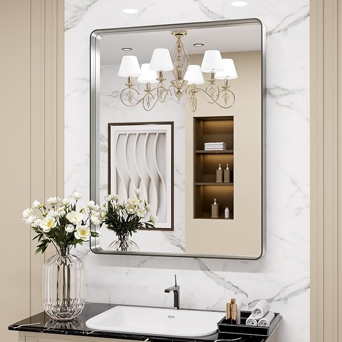 LOAAO 24X36 Inch Brushed Nickel Bathroom Mirror, Rounded Rectangle Silver Metal
