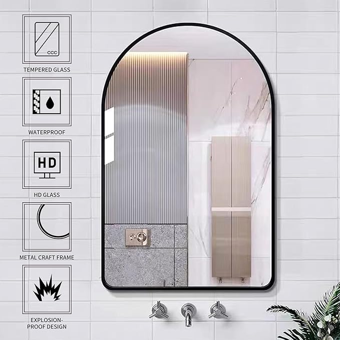 20x28 inch Black Arched Mirror for Bathroom Vanity Mirror or Wall Decor Arch