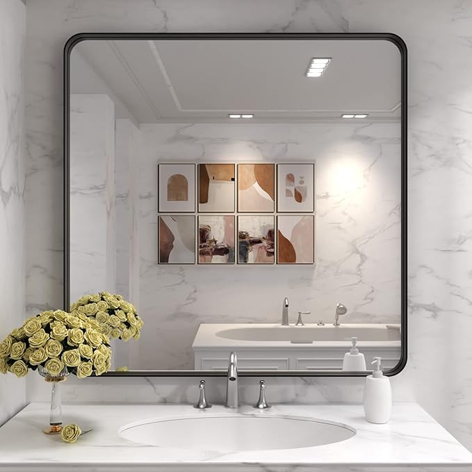 LOAAO 36X36 Inch Black Metal Framed Bathroom Mirror