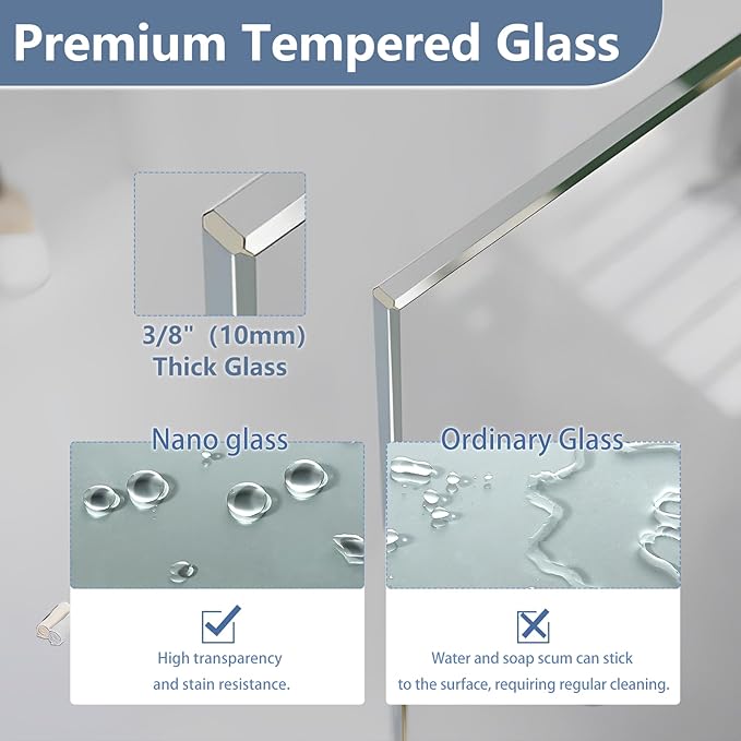 35" W x 60" H Bathtub Fixed Glass Panel, 3/8" Tempered Glass