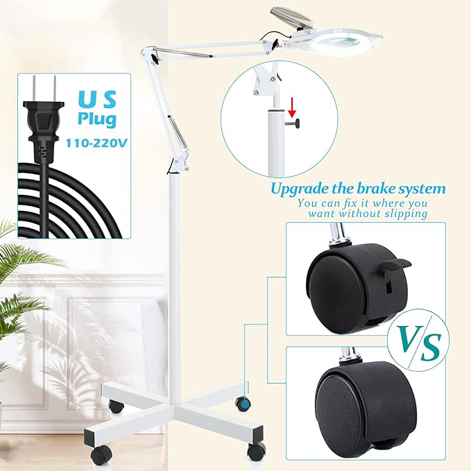 KIRKAS 10X Magniyfing Floor Lamp with 4 Wheel Rolling Base for Estheticians 2,200 Lumens LED Magnifier Lighted Glass Lens, Adjustable Stand & Swivel Arm Floor Lamp for Reading, Crafts, Tasks-White