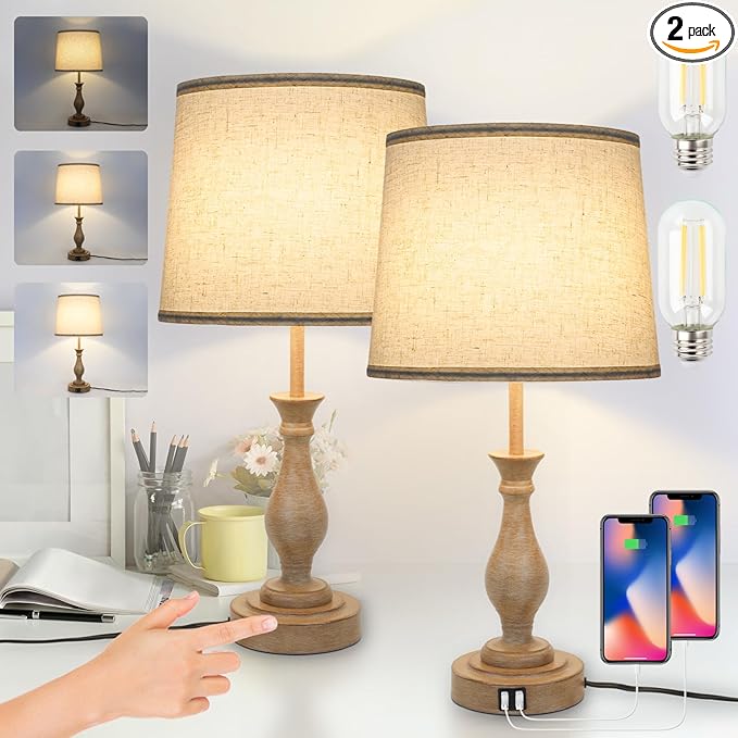 Touch Lamps for Bedrooms Set of 2, Farmhouse Table Lamp with Dual USB Charging Ports, 3 Way Dimmable Nightstand Lamps with Linen Fabric Lampshade for Bedroom (Pack 2-Beige Shade & Antique Brown)