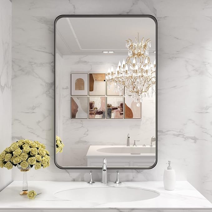 LOAAO 28X36 Inch Black Metal Framed Bathroom Mirror