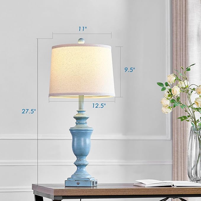 27.5" Set of 2 Farmhouse Table Lamps for Bedroom, 3 Way Dimmable Bedside Lamp with 2 USB +AC Outlet Nightstand Lamps for Living Room Resin Rustic Touch Lamps(Antique Blue)