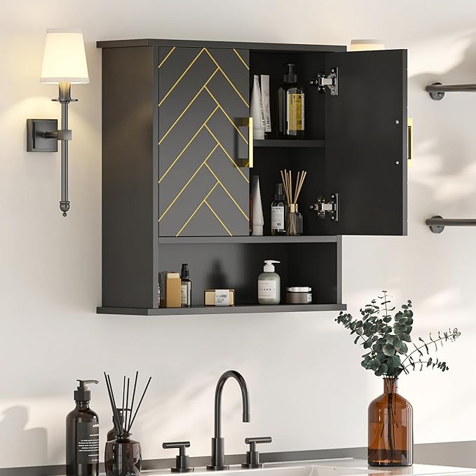 Black Chevron Pattern Bathroom Wall Cabinet, Modern Hanging Medicine Cabinet