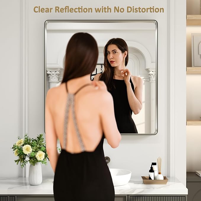 LOAAO 38X38 Inch Brushed Nickel Bathroom Mirror, Rounded Rectangle Silver Metal