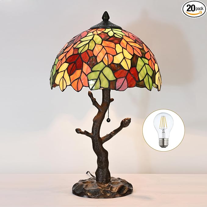 TL0021 Maple Leaves Tiffany Table Lamp Stained Glass Shade Reading Desk Light 12 X 20 Inches for Bedroom Living Room, Handcrafted Art Deco for Home Office, LED Bulb Included (Maple Leaves)