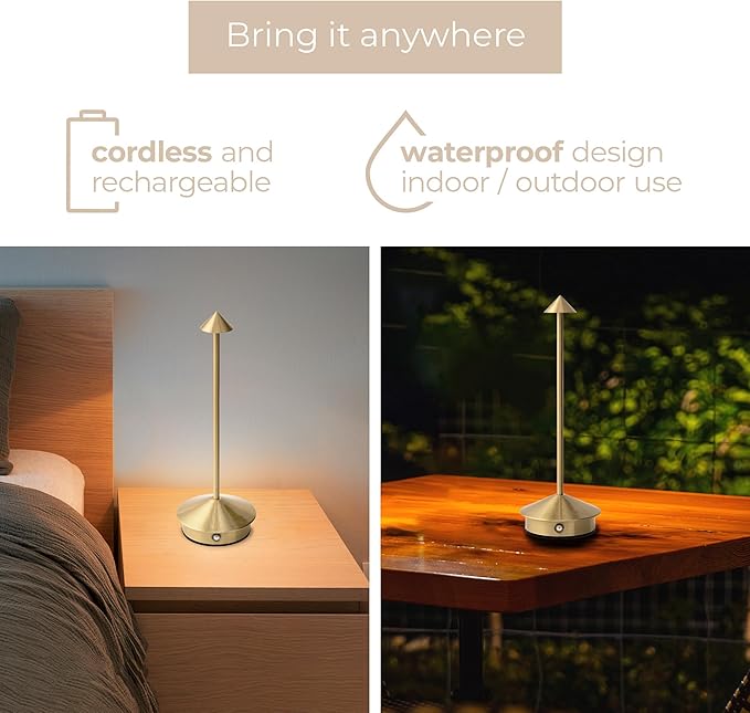 Arrrow LED Cordless USB-C Re-Chargeable Desk Lamp, 5200mAh Battery Operated with 3 Color Temperature 2700K-3000K-3500K and Fingertip Touch On/Off Plus Dimming in Satin Brass