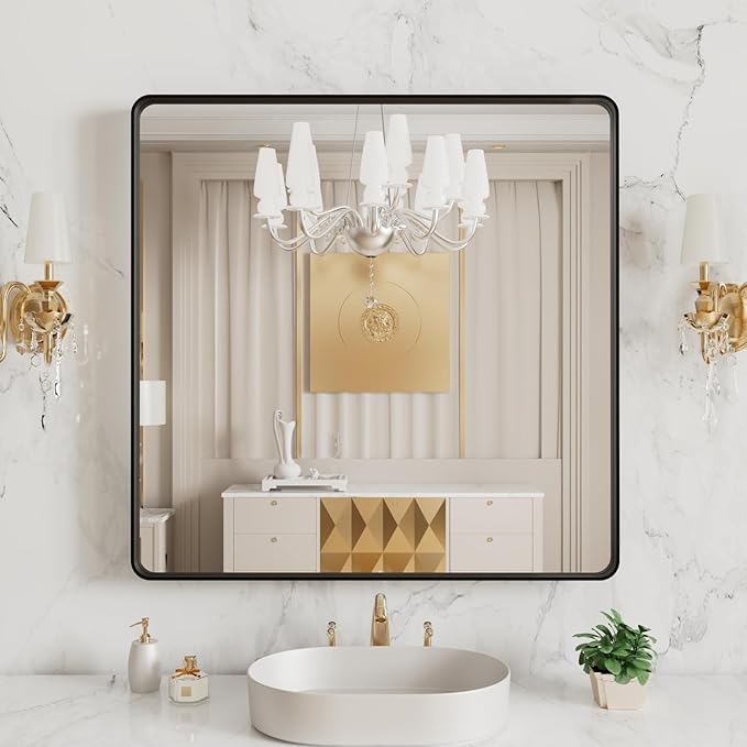LOAAO 38x38 Inch Black Metal Framed Bathroom Mirror
