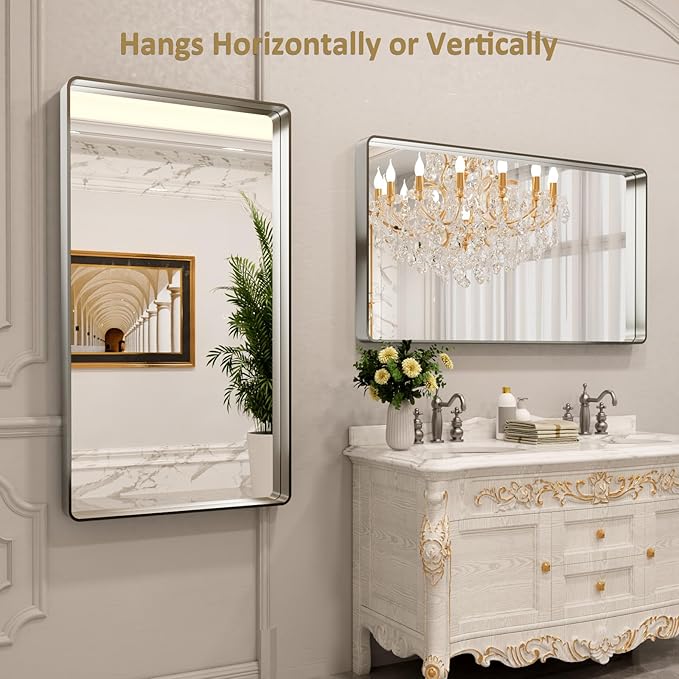 LOAAO 55X30 Inch Brushed Nickel Bathroom Mirror, Rounded Rectangle Silver Metal