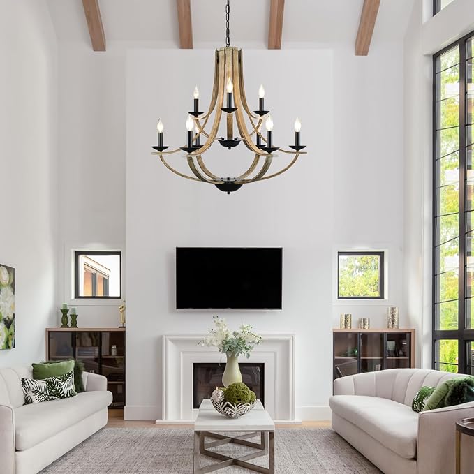 Farmhouse Chandeliers for Dining Room Light Fixture, 9-Light 31" Adjustable Height Retro Faux Wood Texture Rustic Light Fixtures for Living Room Bedroom Kitchen Island Foyer Entryway