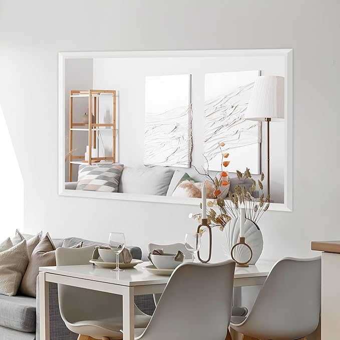 Amorho Bathroom Mirror, 60X36 Inch White Thick Metal Framed Wall Mirrors