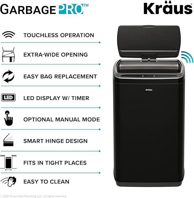 Kraus GarbagePro Rectangular 13 Gallon Hands-Free Motion Sensor Trash Can