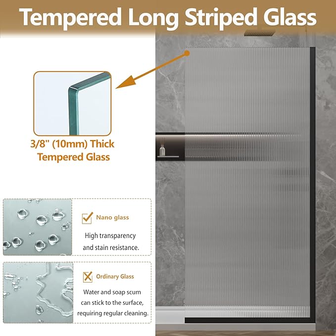 36"x76" Fixed Glass Shower Door, 3/8" Thick Fluted Privacy Tempered Glass