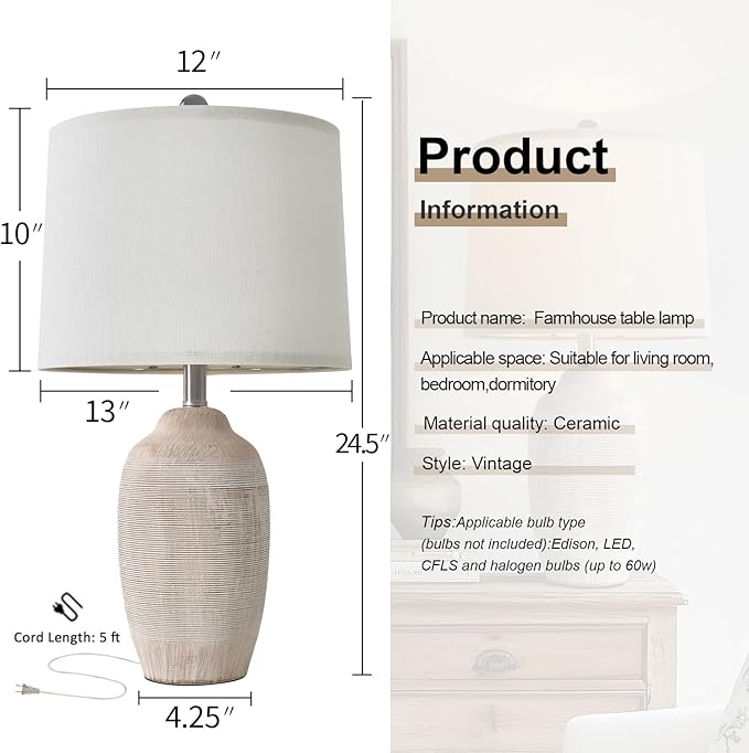 24 inch Vintage Ceramic Table Lamp - Single Farmhouse Rustic Bedside Lamp with Natural Textured Finish, Nightstand Lamps for Living Room, Bedroom, End Table
