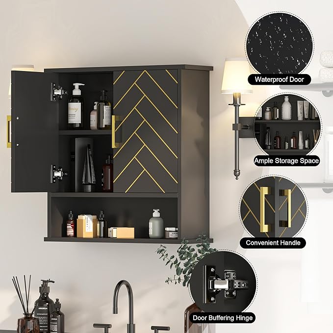 Black Chevron Pattern Bathroom Wall Cabinet, Modern Hanging Medicine Cabinet