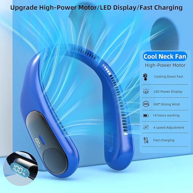 Portable Neck Fan, Personal Wearable Bladeless Fan, LED Display, 6000mAh USB