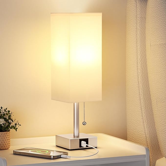 aooshine White Small Table Lamp for Bedroom - 3 Color Temperature 3000K 5000K 4000K Bedside Lamp, Pull Chain Control, USB A and C Ports, Light Gold Base, Bulb Included