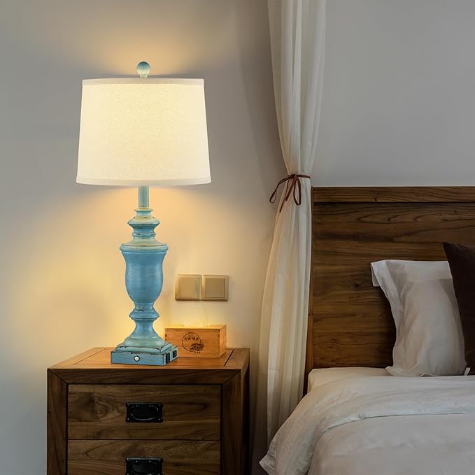 27.5" Set of 2 Farmhouse Table Lamps for Bedroom, 3 Way Dimmable Bedside Lamp with 2 USB +AC Outlet Nightstand Lamps for Living Room Resin Rustic Touch Lamps(Antique Blue)