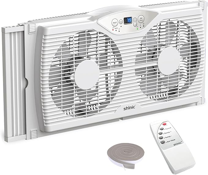 shinic Twin Window Fan with Reversible Airflow, Thermostat Controlled, 3 Speeds