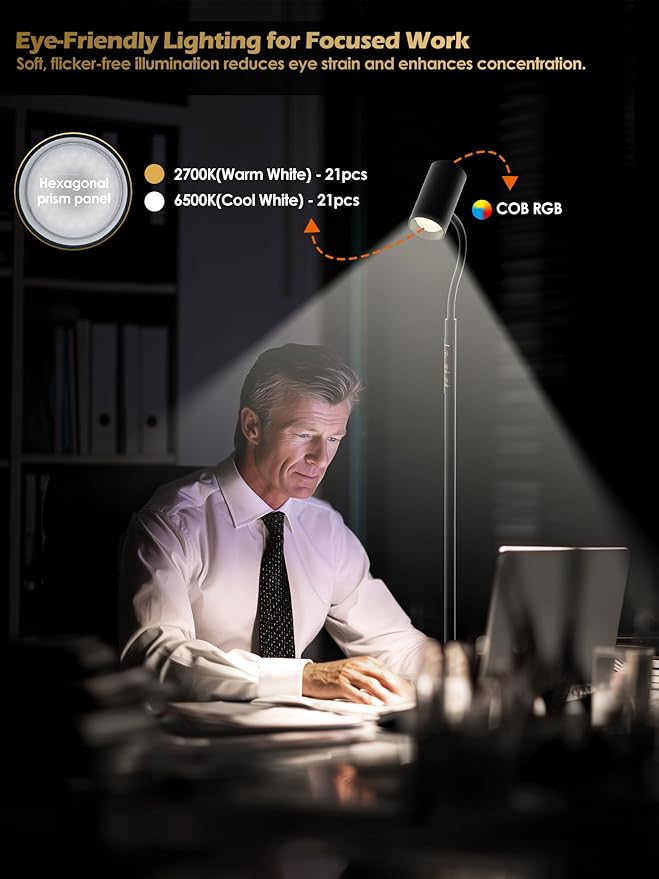 Dual-Side Floor Lamp for Living Room, 17W Tall Standing LED Lamp with Remote, 5 Color Temps & RGB Ambient Modes, Dimmable Reading Lamp with Gooseneck, Modern Black Corner Lamp for Bedroom Home Office