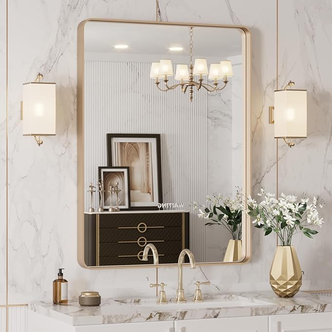 LOAAO 24”X32” Gold Bathroom Mirror, Rounded Rectangle Gold Frame Mirror