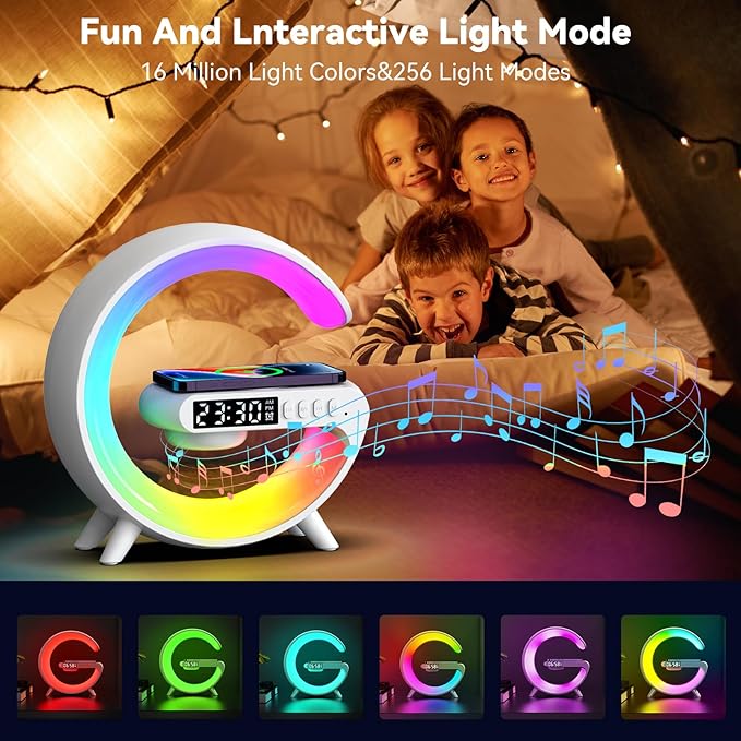 Smart LED Table Lamp, 4-in-1 Wireless Charger Smart Atmosphere Lamp, Night Light, Bluetooth Speaker & Alarm Clock for Bedroom, Office, and Home Decor(White)