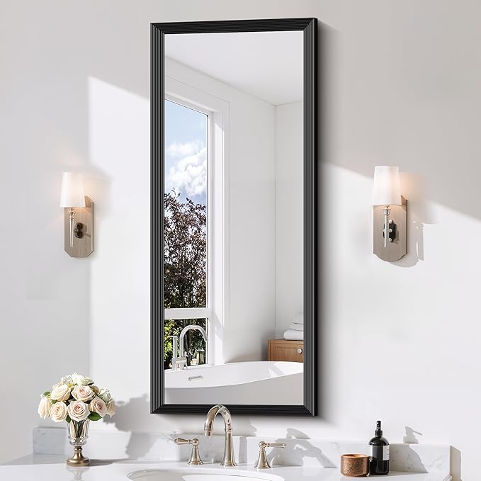 Black Bathroom Mirror 20 x 48 Inch Rectangle Wave Beveled