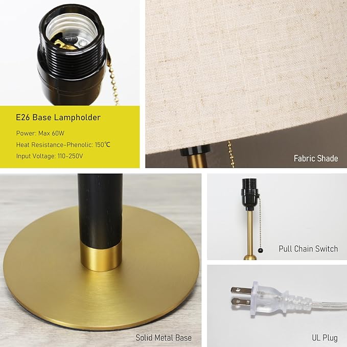 18.9" Set of 2 Small Vintage Table Lamp Bedside Lamps for Bedroom Nightstand Lamp for Living Room 3-Color Temperatures Pull Chain Wood Fabric for Home Office Dorm Decor (Light Brown+Brass)