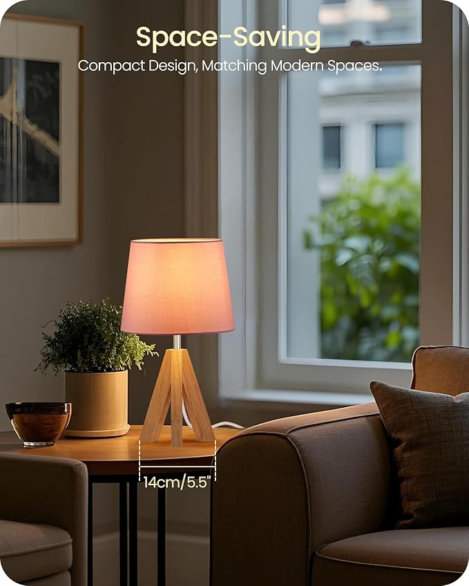 Small Tripod Table Lamp, Modern Nightstand Lamp with Fabric Shade, Boho Bedside Wood Desk Light for Bedroom, Kids Room, Living Room, Office, Study, Pink, P51TL05