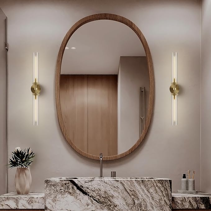 Brass Wall Sconces, 30in Gold 2-Light Double Glass Sconces Wall Lighting, Bathroom Knurled Vanity Light Sconces, Wall Lights for Living Room Bedroom(Including Bulb)